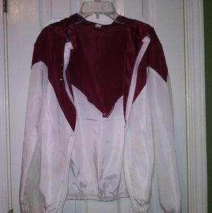 Maroon and white hooded windbreaker